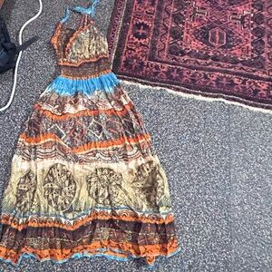 Blue and Orange Sleeveless Halter Maxi Sundress